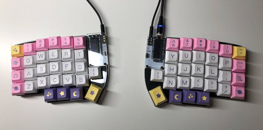 Pic: My first DIY keyboard, a Lily58 with Zilents and Astrolokeys keycaps. I really like it!